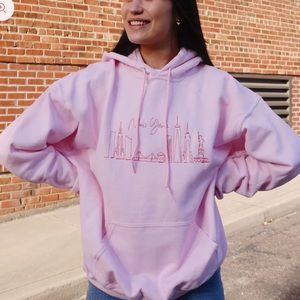 Pink New York Skyline Embroidered Hoodie New
